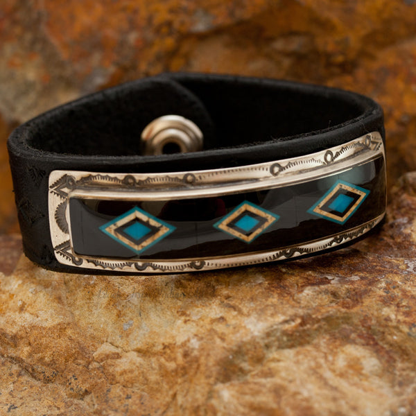 David Rosales Turquoise Creek Inlaid Sterling Silver and Leather Strap Bracelet