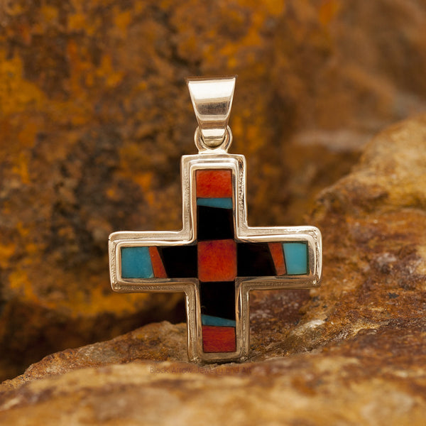 David Rosales Red Canyon Inlaid Sterling Silver Two-Sided Cross Pendant