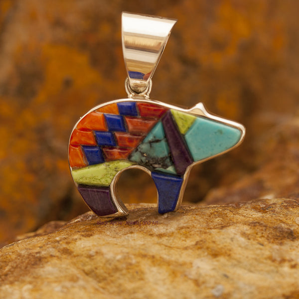 David Rosales Indian Summer Cobble Inlaid Sterling Silver Bear Pendant