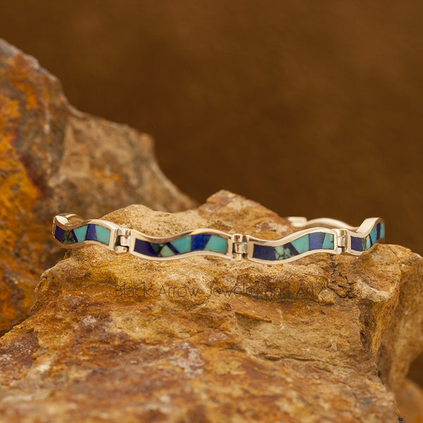 David Rosales Wavy Blue Mountain Inlaid Sterling Silver Bracelet