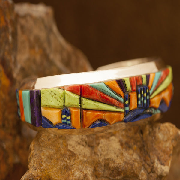 David Rosales Indian Summer Pueblo Inlaid Sterling Silver Bracelet