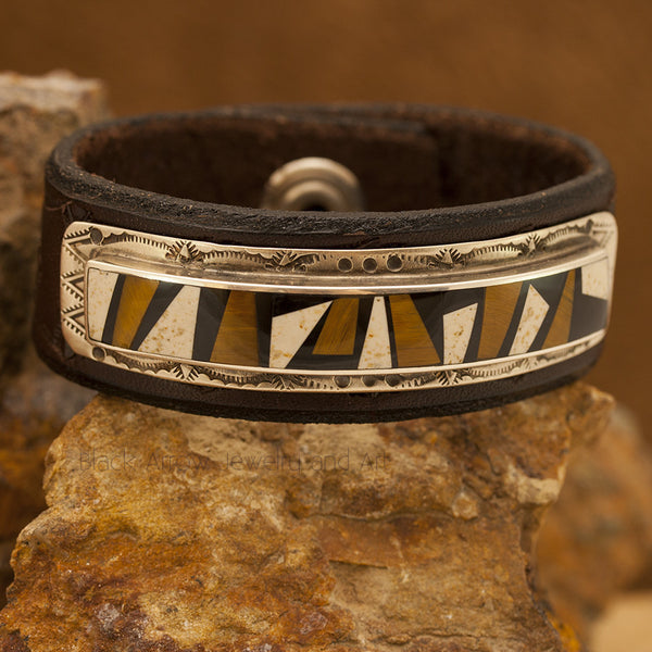 David Rosales Kayenta Inlaid Sterling Silver and Leather Strap Bracelet