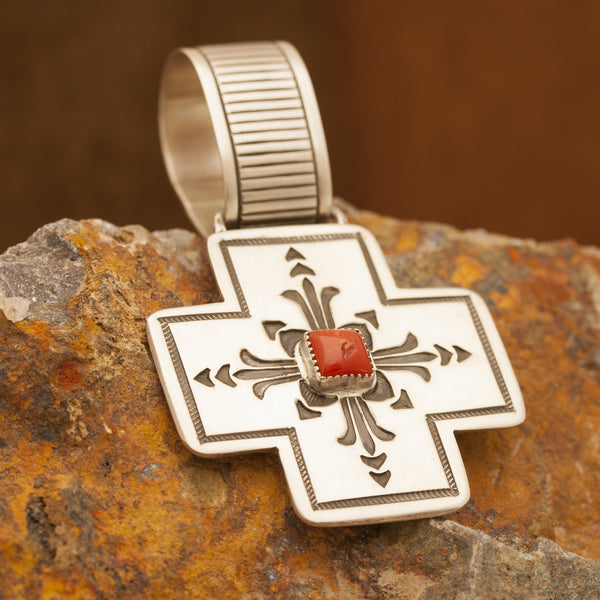 Traditional Sterling Silver and Coral Cross Pendant