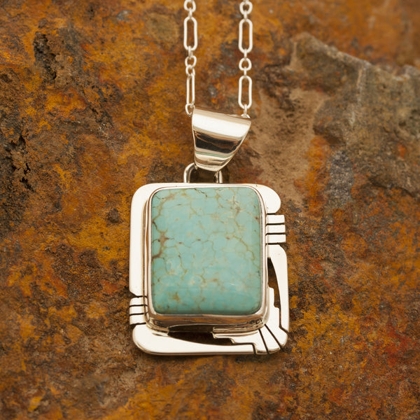 Rectangle Number 8 Turquoise Sterling Silver Pendant